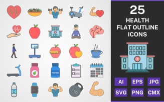 25 HEALTH FLAT OUTLINE PACK Icon Set