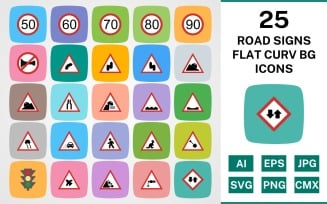 25 ROAD SIGNS FLAT CURV BG PACK Icon Set