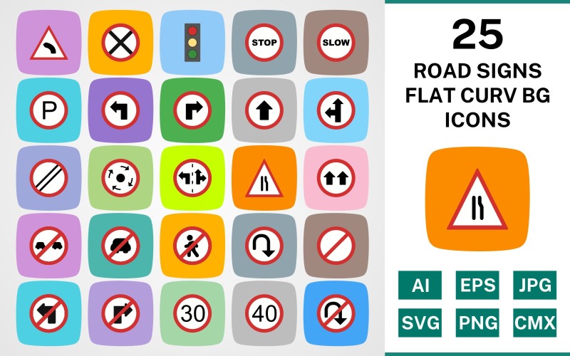 25 ROAD SIGNS FLAT CURV BG PACK Icon Set