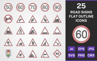 25 ROAD SIGNS FLAT OUTLINE PACK Icon Set