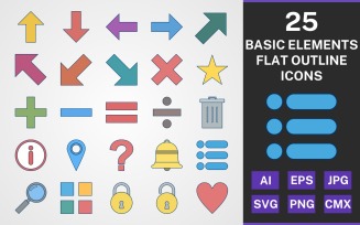 25 BASIC ELEMENTS FLAT OUTLINE PACK Icon Set
