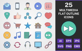 25 MULTIMEIA FLAT OUTLINE PACK Icon Set