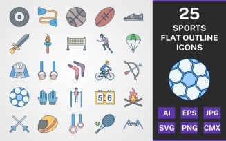 25 SPORTS AND GAMES FLAT OUTLINE PACK Icon Set
