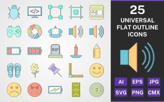25 UNIVERSAL FLAT OUTLINE PACK Icon Set