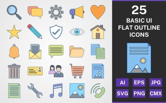 25 BASIC UI FLAT OUTLINE PACK Icon Set