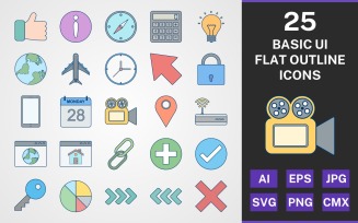 25 BASIC UI FLAT OUTLINE PACK Icon Set