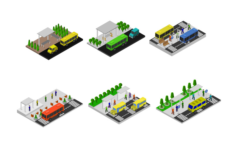 Isometric Bus Stop Set - Vector Image Vector Graphic