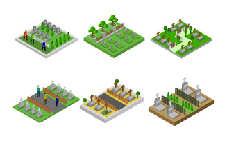 Isometric Cemetery Set On White Background - Vector Image