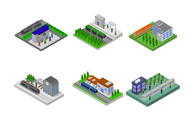 Isometric Train Station Set - Vector Image Vector Graphic