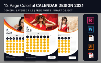 12 Pages Colorful Wall Calendar Design Template 2021 Planner