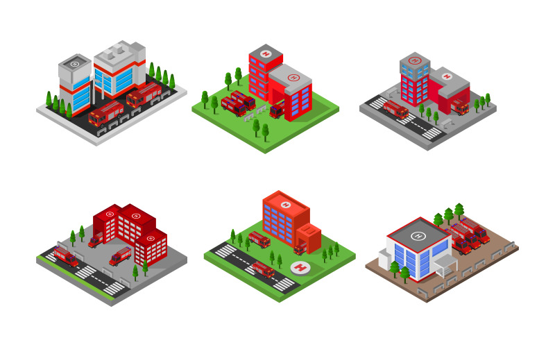 Set Of Isometric Fire Station - Vector Image Vector Graphic