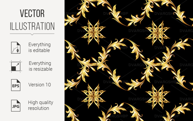 Golden Floral Pattern on Black - Vector Image Vector Graphic