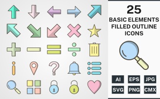 25 BASIC ELEMENTS FILLED OUTLINE PACK Icon Set