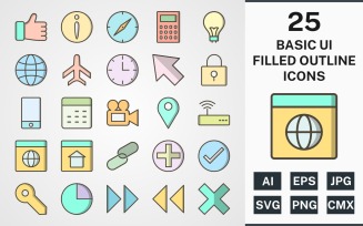 25 BASIC UI FILLED OUTLINE PACK Icon Set
