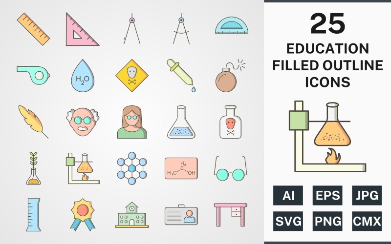 25 EDUCATION FILLED OUTLINE PACK Icon Set