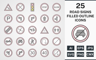 25 ROAD SIGNS FILLED OUTLINE PACK Icon Set