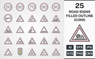 25 ROAD SIGNS FILLED OUTLINE PACK Icon Set