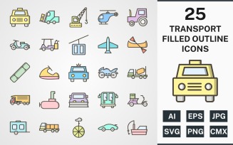 25 TRANSPORT FILLED OUTLINE PACK Icon Set