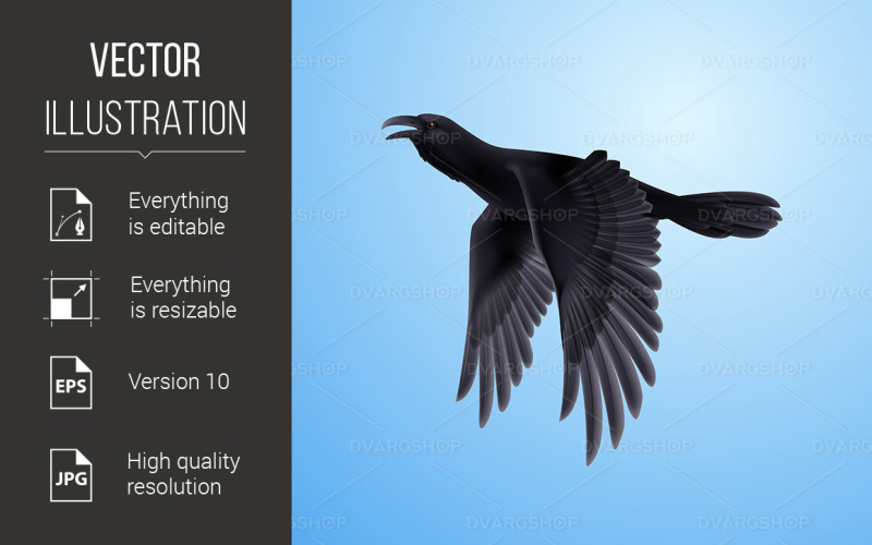 Black Raven on Blue Background - Vector Image Vector Graphic