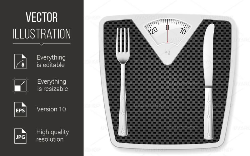 Bathroom Scales with Fork and Knife - Vector Image Vector Graphic