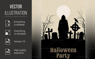 Halloween Party on a Spooky Graveyard - Vector Image