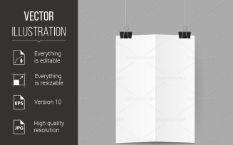 White Sheet of Paper Folded in Half Handing on Black Binder Clips - Vector Image