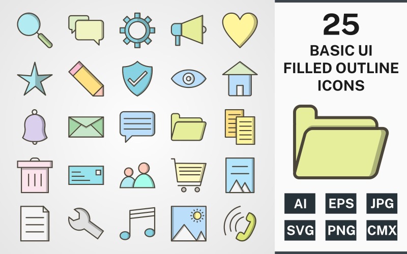 25 BASIC UI FILLED OUTLINE PACK Icon Set