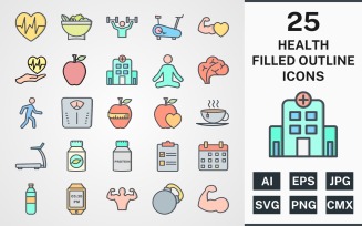 25 HEALTH FILLED OUTLINE PACK Icon Set