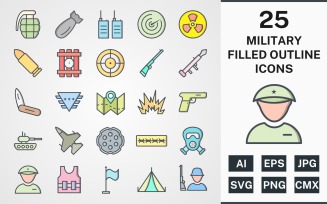25 MILITARY FILLED OUTLINE PACK Icon Set