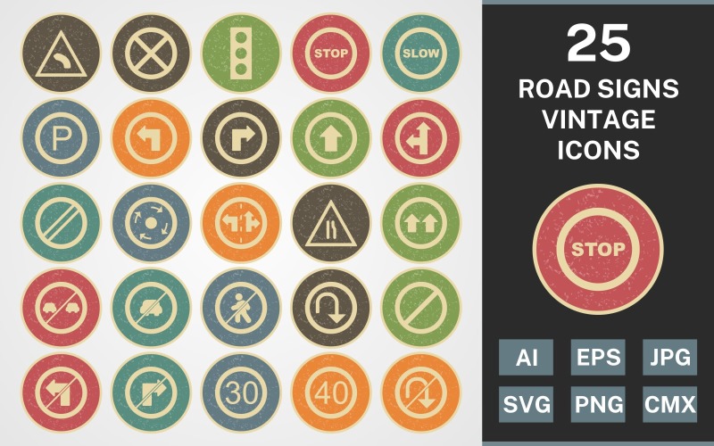 25 ROAD SIGNS VINTAGE PACK Icon Set