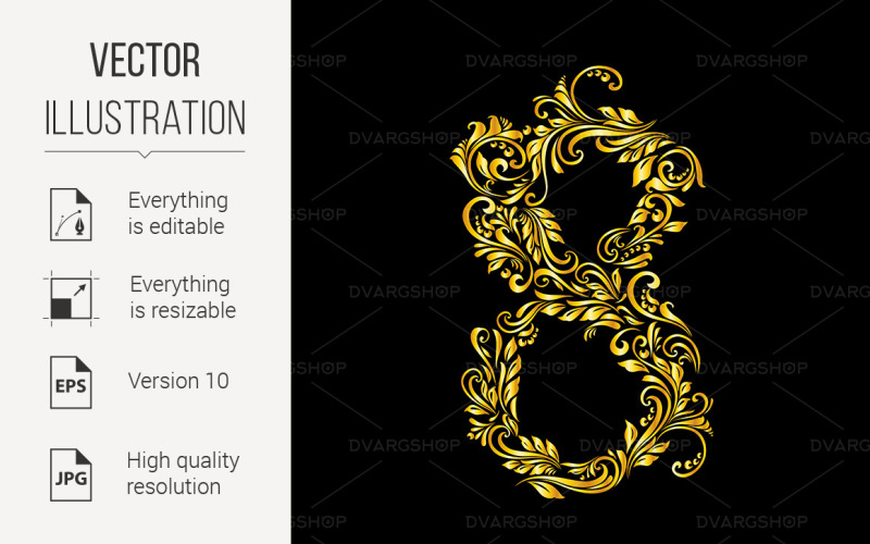 Decorated Eight Digit on Black - Vector Image Vector Graphic