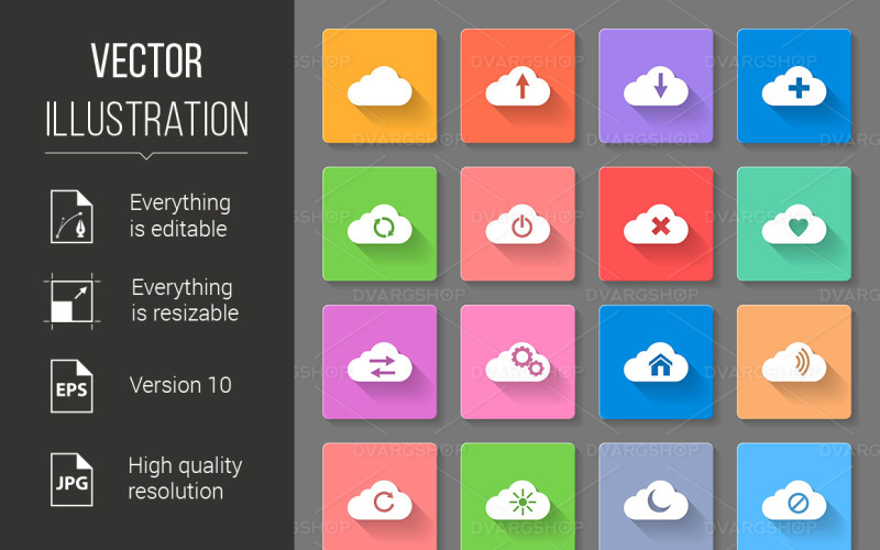 Set of Flat Cloud Icons - Vector Image Vector Graphic