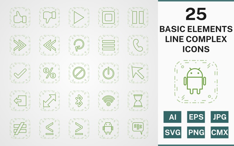 25 BASIC ELEMENTS LINE COMPLEX PACK Icon Set
