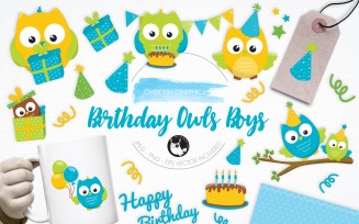 Birthday Owls Boys illustration pack - Vector Image