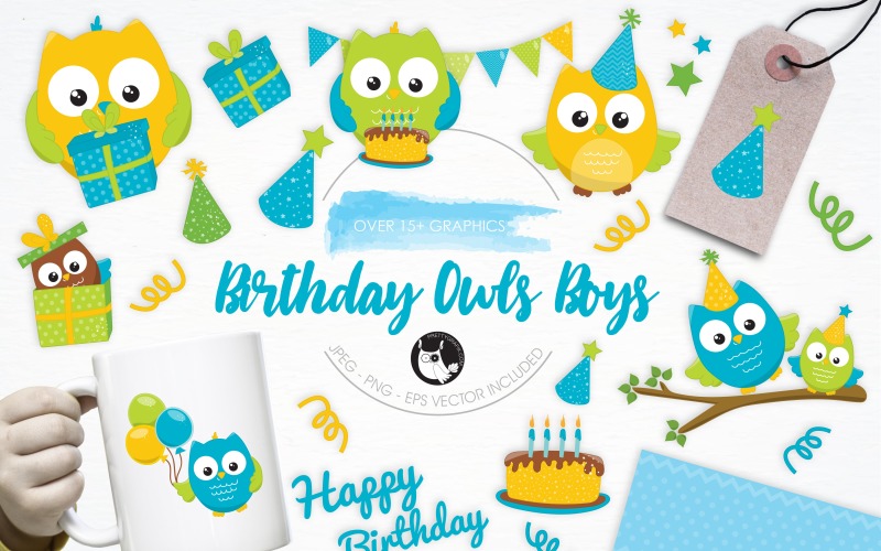 Birthday Owls Boys illustration pack - Vector Image Vector Graphic