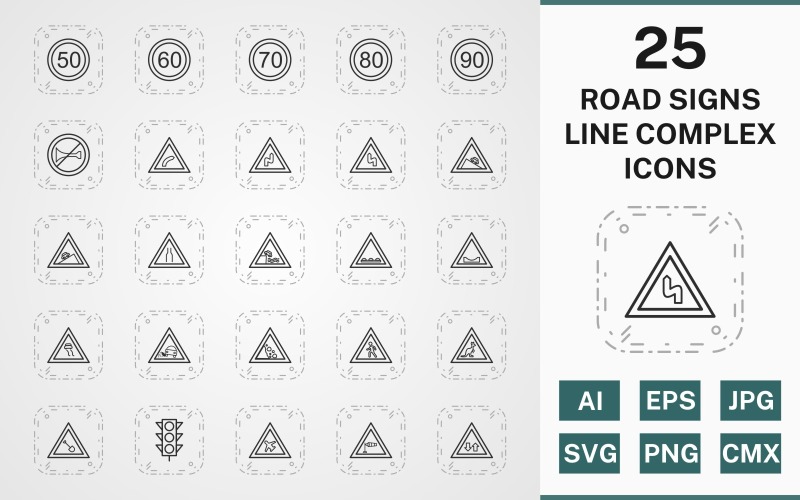 25 ROAD SIGNS LINE COMPLEX PACK Icon Set
