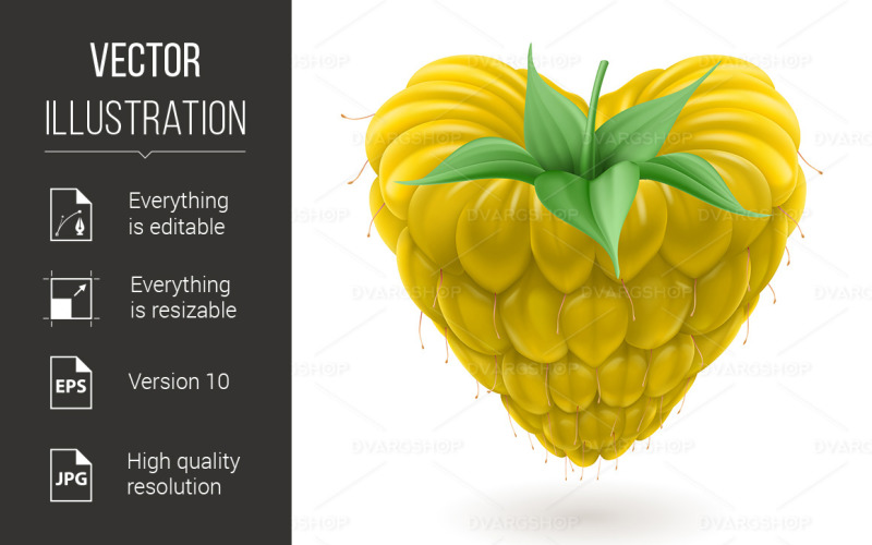 Yellow Raspberry Heart with Green Leaves - Vector Image Vector Graphic