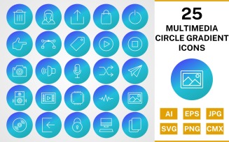 25 Multimedia Circle Gradient Pack Icon Set