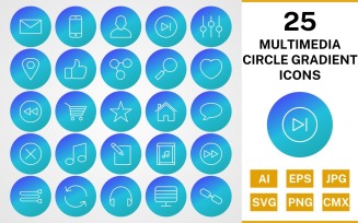25 Multimedia Circle Gradient Pack Icon Set