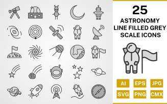 25 Astronomy Line Filled Greyscale Icon Set