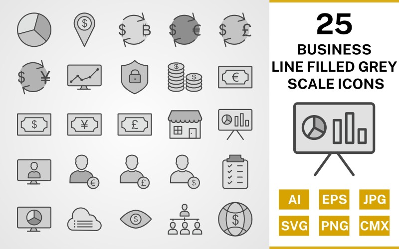 25 Business Line Filled Greyscale Icon Set