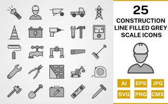 25 Construction Line Filled Greyscale Icon Set