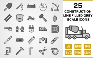 25 Construction Line Filled Greyscale Icon Set