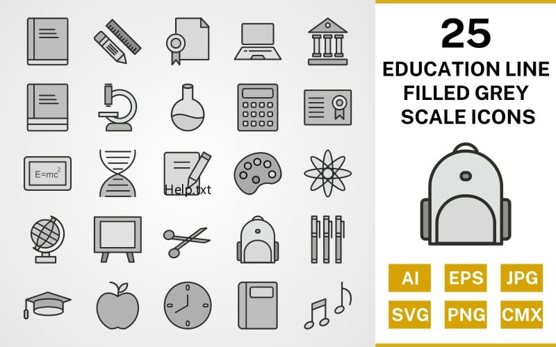 25 Education Line Filled Greyscale Icon Set