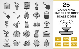 25 Gardening Line Filled Greyscale Icon Set