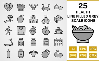 25 Health Line Filled Greyscale Icon Set