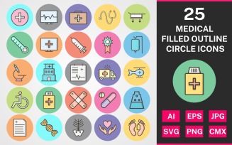 25 Medical Filled Outline Circle Icon Set