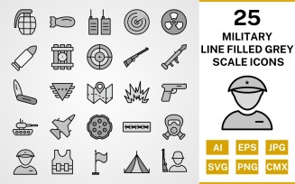 25 Military Line Filled Greyscale Icon Set