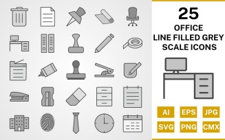 25 Office Line Filled Greyscale Icon Set