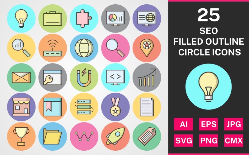 25 Seo Filled Outline Circle Icon Set